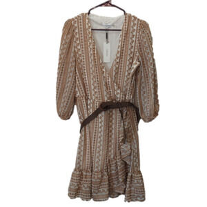 Nwt Calvin Klein  Lace V-Neck 3/4 Sleeve Belted Ruffle Dress Faux Wrap (SIZE S)